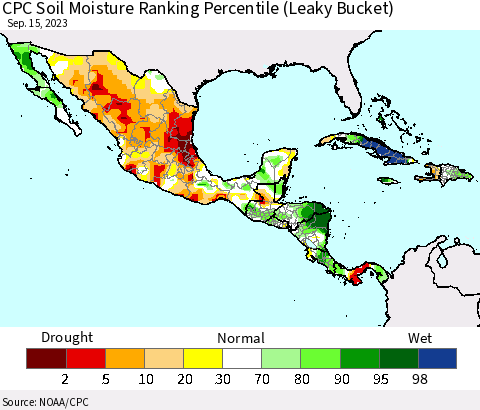 Mexico Central America and the Caribbean CPC Soil Moisture Ranking Percentile (Leaky Bucket) Thematic Map For 9/11/2023 - 9/15/2023
