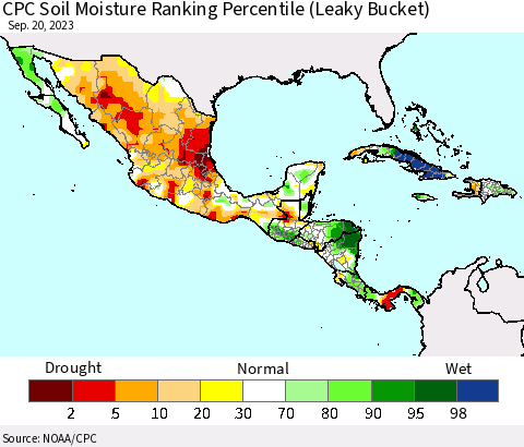 Mexico Central America and the Caribbean CPC Soil Moisture Ranking Percentile (Leaky Bucket) Thematic Map For 9/16/2023 - 9/20/2023