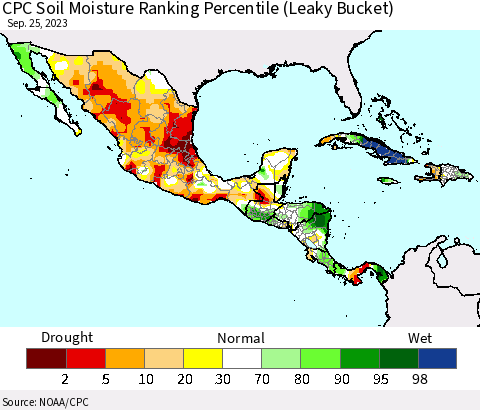 Mexico Central America and the Caribbean CPC Soil Moisture Ranking Percentile (Leaky Bucket) Thematic Map For 9/21/2023 - 9/25/2023