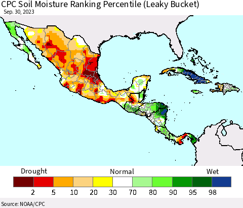 Mexico Central America and the Caribbean CPC Soil Moisture Ranking Percentile (Leaky Bucket) Thematic Map For 9/26/2023 - 9/30/2023