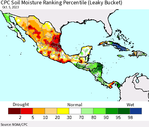 Mexico Central America and the Caribbean CPC Soil Moisture Ranking Percentile (Leaky Bucket) Thematic Map For 10/1/2023 - 10/5/2023