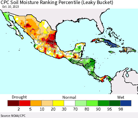 Mexico Central America and the Caribbean CPC Soil Moisture Ranking Percentile (Leaky Bucket) Thematic Map For 10/6/2023 - 10/10/2023