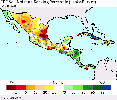 Mexico Central America and the Caribbean CPC Soil Moisture Ranking Percentile (Leaky Bucket) Thematic Map For 10/11/2023 - 10/15/2023