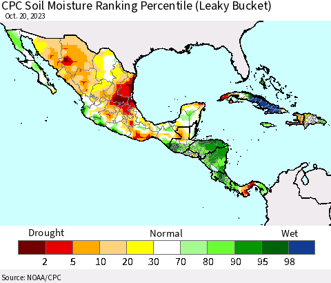 Mexico Central America and the Caribbean CPC Soil Moisture Ranking Percentile (Leaky Bucket) Thematic Map For 10/16/2023 - 10/20/2023