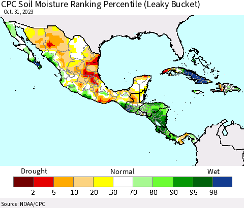 Mexico Central America and the Caribbean CPC Soil Moisture Ranking Percentile (Leaky Bucket) Thematic Map For 10/26/2023 - 10/31/2023