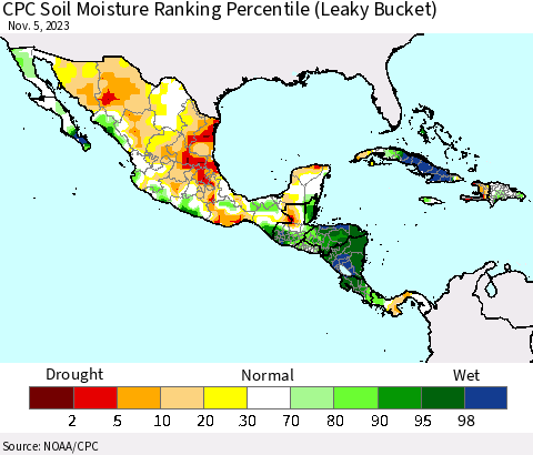 Mexico Central America and the Caribbean CPC Soil Moisture Ranking Percentile (Leaky Bucket) Thematic Map For 11/1/2023 - 11/5/2023