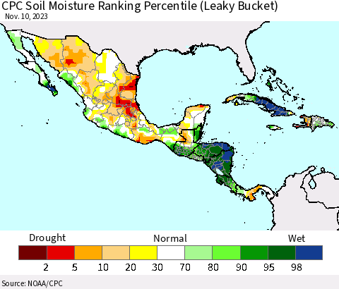 Mexico Central America and the Caribbean CPC Soil Moisture Ranking Percentile (Leaky Bucket) Thematic Map For 11/6/2023 - 11/10/2023