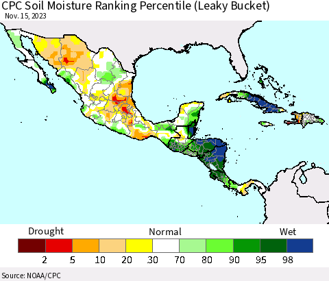 Mexico Central America and the Caribbean CPC Soil Moisture Ranking Percentile (Leaky Bucket) Thematic Map For 11/11/2023 - 11/15/2023
