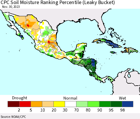 Mexico Central America and the Caribbean CPC Soil Moisture Ranking Percentile (Leaky Bucket) Thematic Map For 11/26/2023 - 11/30/2023
