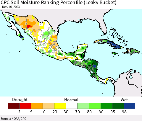 Mexico Central America and the Caribbean CPC Soil Moisture Ranking Percentile (Leaky Bucket) Thematic Map For 12/6/2023 - 12/10/2023