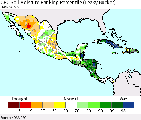 Mexico Central America and the Caribbean CPC Soil Moisture Ranking Percentile (Leaky Bucket) Thematic Map For 12/21/2023 - 12/25/2023