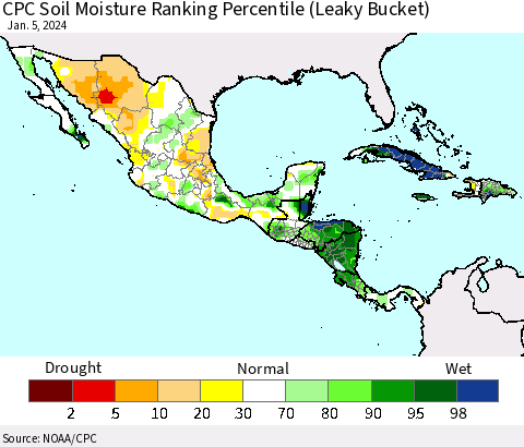 Mexico Central America and the Caribbean CPC Soil Moisture Ranking Percentile (Leaky Bucket) Thematic Map For 1/1/2024 - 1/5/2024