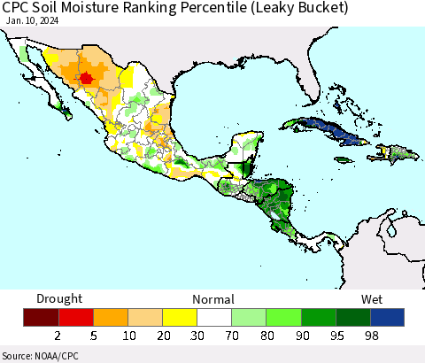 Mexico Central America and the Caribbean CPC Soil Moisture Ranking Percentile (Leaky Bucket) Thematic Map For 1/6/2024 - 1/10/2024