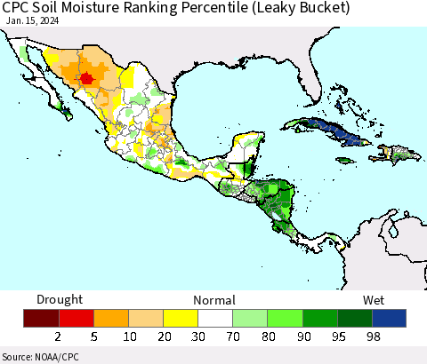 Mexico Central America and the Caribbean CPC Soil Moisture Ranking Percentile (Leaky Bucket) Thematic Map For 1/11/2024 - 1/15/2024