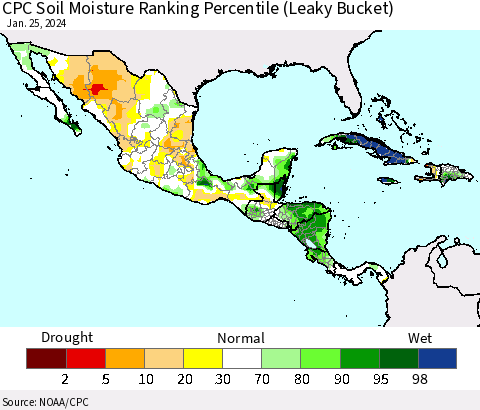 Mexico Central America and the Caribbean CPC Soil Moisture Ranking Percentile (Leaky Bucket) Thematic Map For 1/21/2024 - 1/25/2024