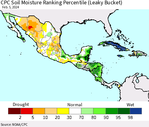 Mexico Central America and the Caribbean CPC Soil Moisture Ranking Percentile (Leaky Bucket) Thematic Map For 2/1/2024 - 2/5/2024