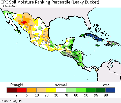 Mexico Central America and the Caribbean CPC Soil Moisture Ranking Percentile (Leaky Bucket) Thematic Map For 2/11/2024 - 2/15/2024