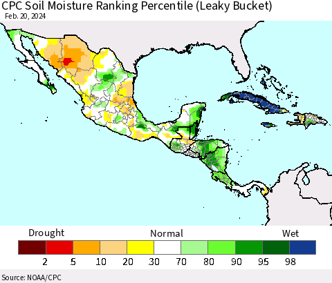 Mexico Central America and the Caribbean CPC Soil Moisture Ranking Percentile (Leaky Bucket) Thematic Map For 2/16/2024 - 2/20/2024