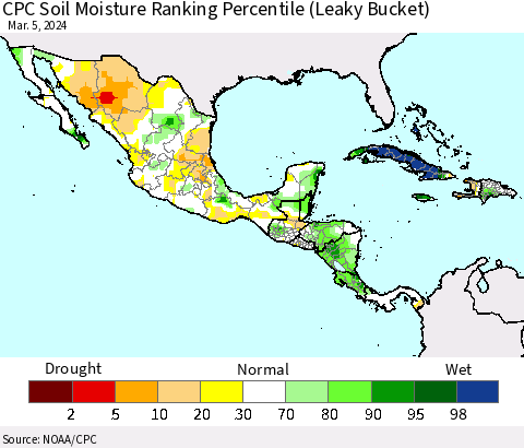 Mexico Central America and the Caribbean CPC Soil Moisture Ranking Percentile (Leaky Bucket) Thematic Map For 3/1/2024 - 3/5/2024