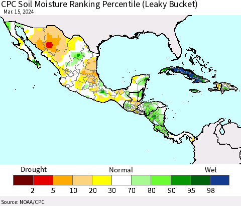 Mexico Central America and the Caribbean CPC Soil Moisture Ranking Percentile (Leaky Bucket) Thematic Map For 3/11/2024 - 3/15/2024