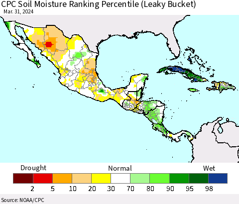 Mexico Central America and the Caribbean CPC Soil Moisture Ranking Percentile (Leaky Bucket) Thematic Map For 3/26/2024 - 3/31/2024