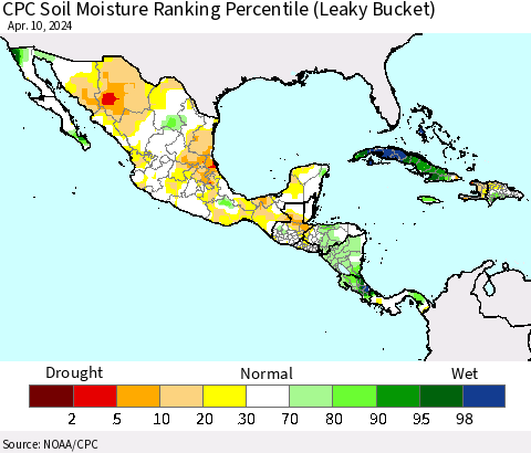 Mexico Central America and the Caribbean CPC Soil Moisture Ranking Percentile (Leaky Bucket) Thematic Map For 4/6/2024 - 4/10/2024