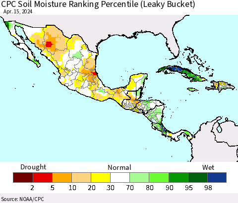 Mexico Central America and the Caribbean CPC Soil Moisture Ranking Percentile (Leaky Bucket) Thematic Map For 4/11/2024 - 4/15/2024