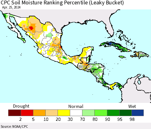 Mexico Central America and the Caribbean CPC Soil Moisture Ranking Percentile (Leaky Bucket) Thematic Map For 4/21/2024 - 4/25/2024