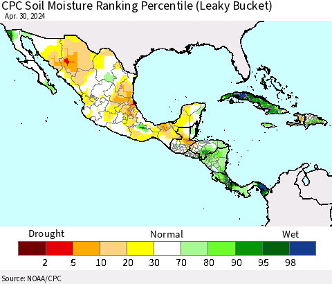 Mexico Central America and the Caribbean CPC Soil Moisture Ranking Percentile (Leaky Bucket) Thematic Map For 4/26/2024 - 4/30/2024