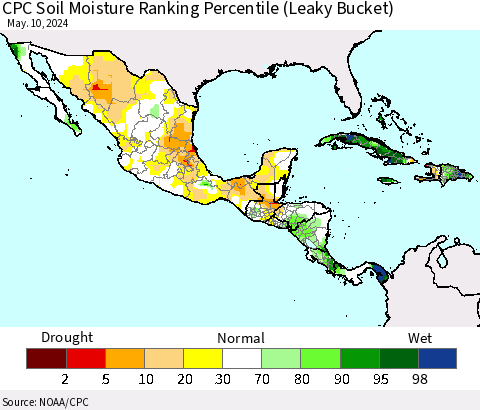 Mexico Central America and the Caribbean CPC Soil Moisture Ranking Percentile (Leaky Bucket) Thematic Map For 5/6/2024 - 5/10/2024