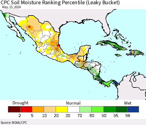 Mexico Central America and the Caribbean CPC Soil Moisture Ranking Percentile (Leaky Bucket) Thematic Map For 5/11/2024 - 5/15/2024