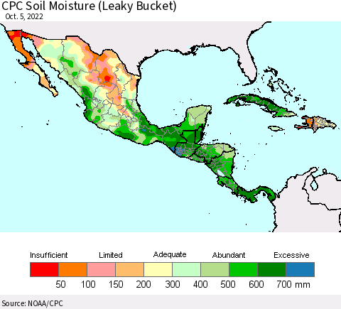 Mexico Central America and the Caribbean CPC Soil Moisture (Leaky Bucket) Thematic Map For 10/1/2022 - 10/5/2022