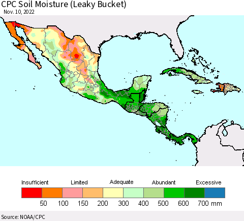 Mexico Central America and the Caribbean CPC Soil Moisture (Leaky Bucket) Thematic Map For 11/6/2022 - 11/10/2022