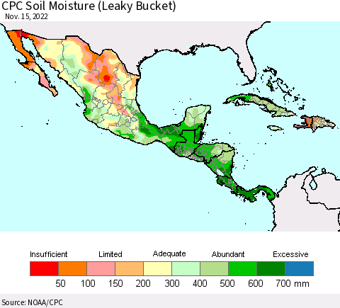 Mexico Central America and the Caribbean CPC Soil Moisture (Leaky Bucket) Thematic Map For 11/11/2022 - 11/15/2022