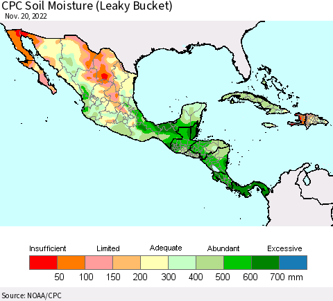 Mexico Central America and the Caribbean CPC Soil Moisture (Leaky Bucket) Thematic Map For 11/16/2022 - 11/20/2022