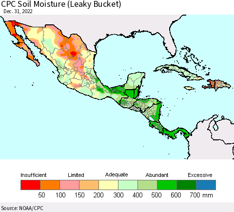 Mexico Central America and the Caribbean CPC Soil Moisture (Leaky Bucket) Thematic Map For 12/26/2022 - 12/31/2022