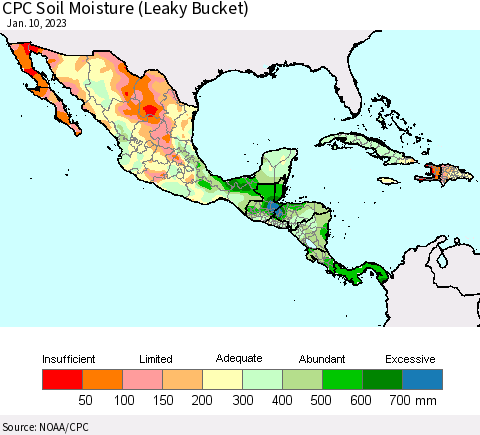 Mexico Central America and the Caribbean CPC Soil Moisture (Leaky Bucket) Thematic Map For 1/6/2023 - 1/10/2023