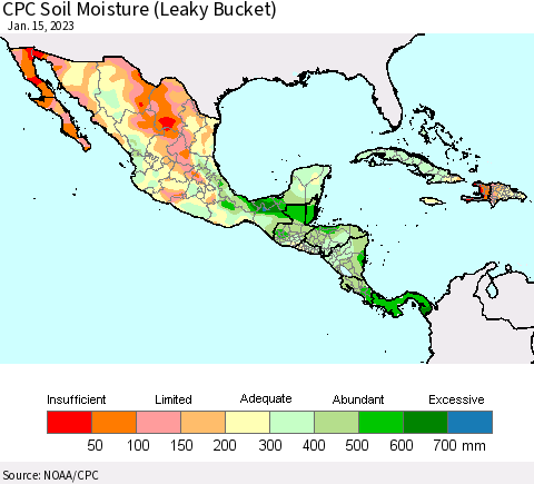 Mexico Central America and the Caribbean CPC Soil Moisture (Leaky Bucket) Thematic Map For 1/11/2023 - 1/15/2023