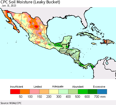 Mexico Central America and the Caribbean CPC Soil Moisture (Leaky Bucket) Thematic Map For 1/26/2023 - 1/31/2023