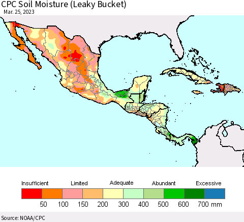 Mexico Central America and the Caribbean CPC Soil Moisture (Leaky Bucket) Thematic Map For 3/21/2023 - 3/25/2023