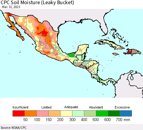 Mexico Central America and the Caribbean CPC Soil Moisture (Leaky Bucket) Thematic Map For 3/26/2023 - 3/31/2023