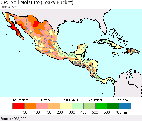 Mexico Central America and the Caribbean CPC Soil Moisture (Leaky Bucket) Thematic Map For 4/1/2024 - 4/5/2024