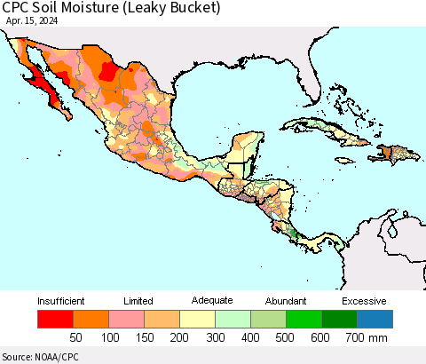 Mexico Central America and the Caribbean CPC Soil Moisture (Leaky Bucket) Thematic Map For 4/11/2024 - 4/15/2024