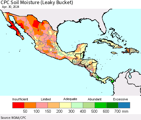 Mexico Central America and the Caribbean CPC Soil Moisture (Leaky Bucket) Thematic Map For 4/26/2024 - 4/30/2024