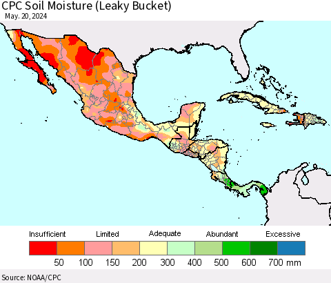 Mexico Central America and the Caribbean CPC Soil Moisture (Leaky Bucket) Thematic Map For 5/16/2024 - 5/20/2024