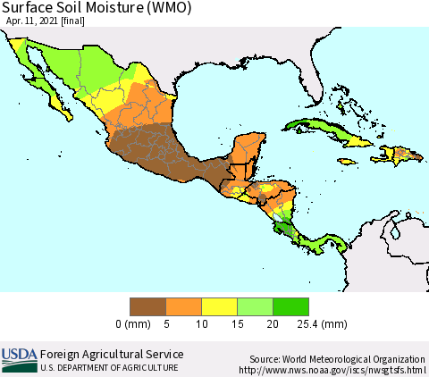 Mexico Central America and the Caribbean Surface Soil Moisture (WMO) Thematic Map For 4/5/2021 - 4/11/2021