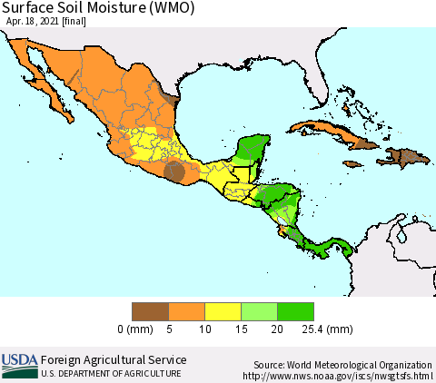 Mexico Central America and the Caribbean Surface Soil Moisture (WMO) Thematic Map For 4/12/2021 - 4/18/2021
