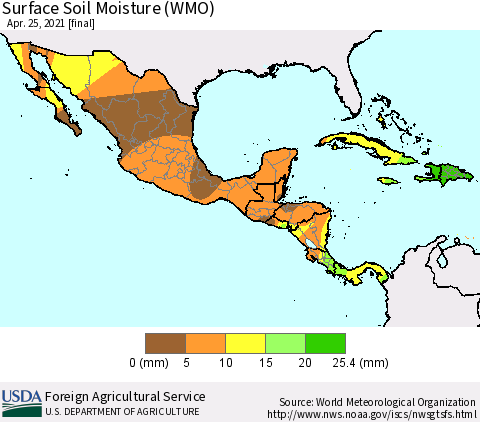 Mexico Central America and the Caribbean Surface Soil Moisture (WMO) Thematic Map For 4/19/2021 - 4/25/2021