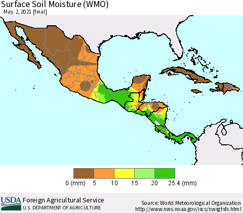 Mexico Central America and the Caribbean Surface Soil Moisture (WMO) Thematic Map For 4/26/2021 - 5/2/2021