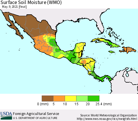 Mexico Central America and the Caribbean Surface Soil Moisture (WMO) Thematic Map For 5/3/2021 - 5/9/2021